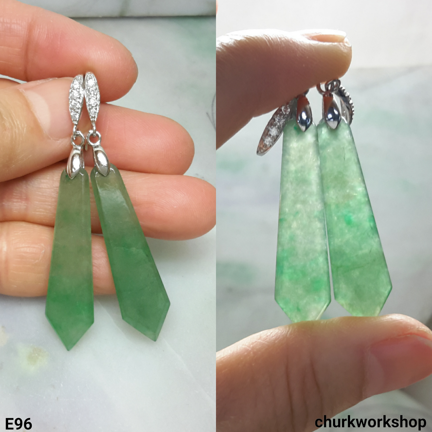 Tie shape dangling jade earring