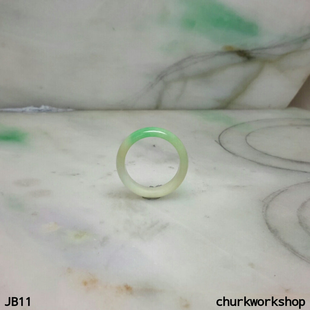 White & green jade band pinkie ring, unisex jade bend