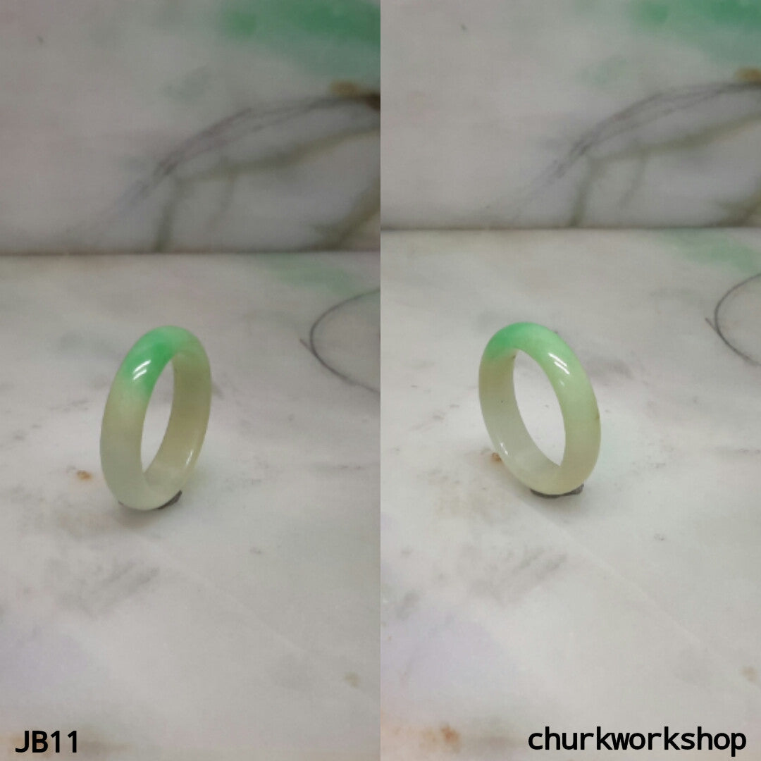 White & green jade band pinkie ring, unisex jade bend