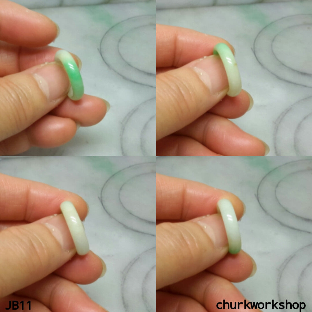 White & green jade band pinkie ring, unisex jade bend