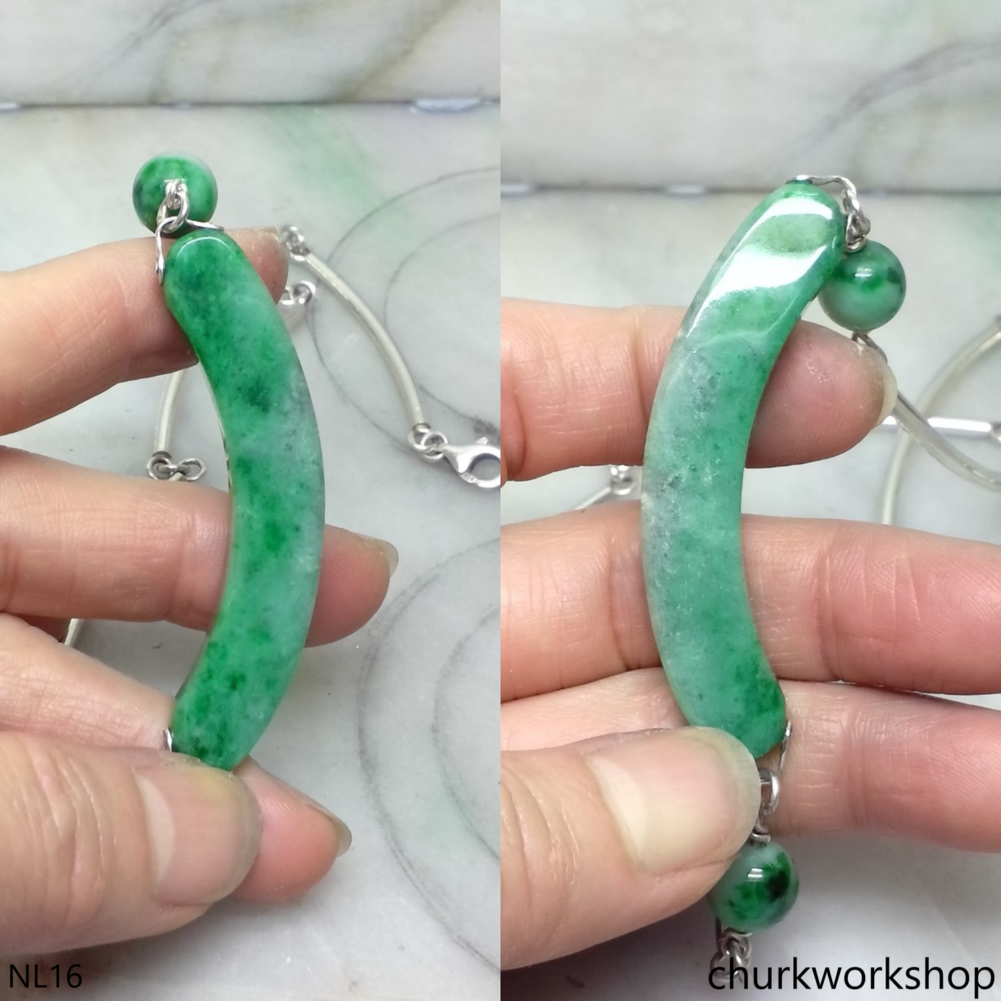 Green jade sterling silver necklace