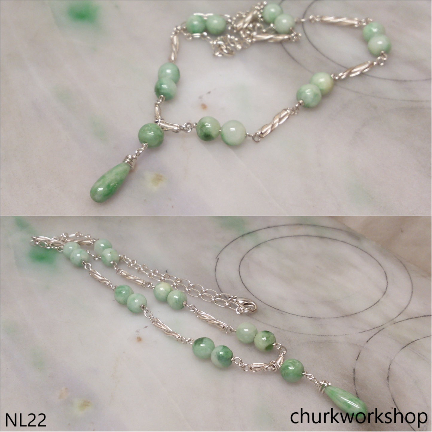 Jade beads sterling silver necklace