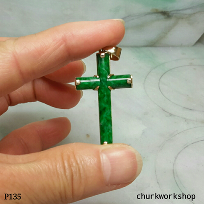 Natural green jade cross, 14k jade cross pendant