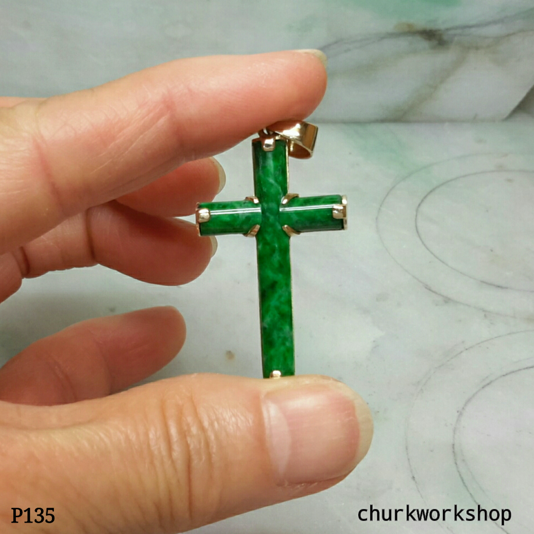 Natural green jade cross, 14k jade cross pendant