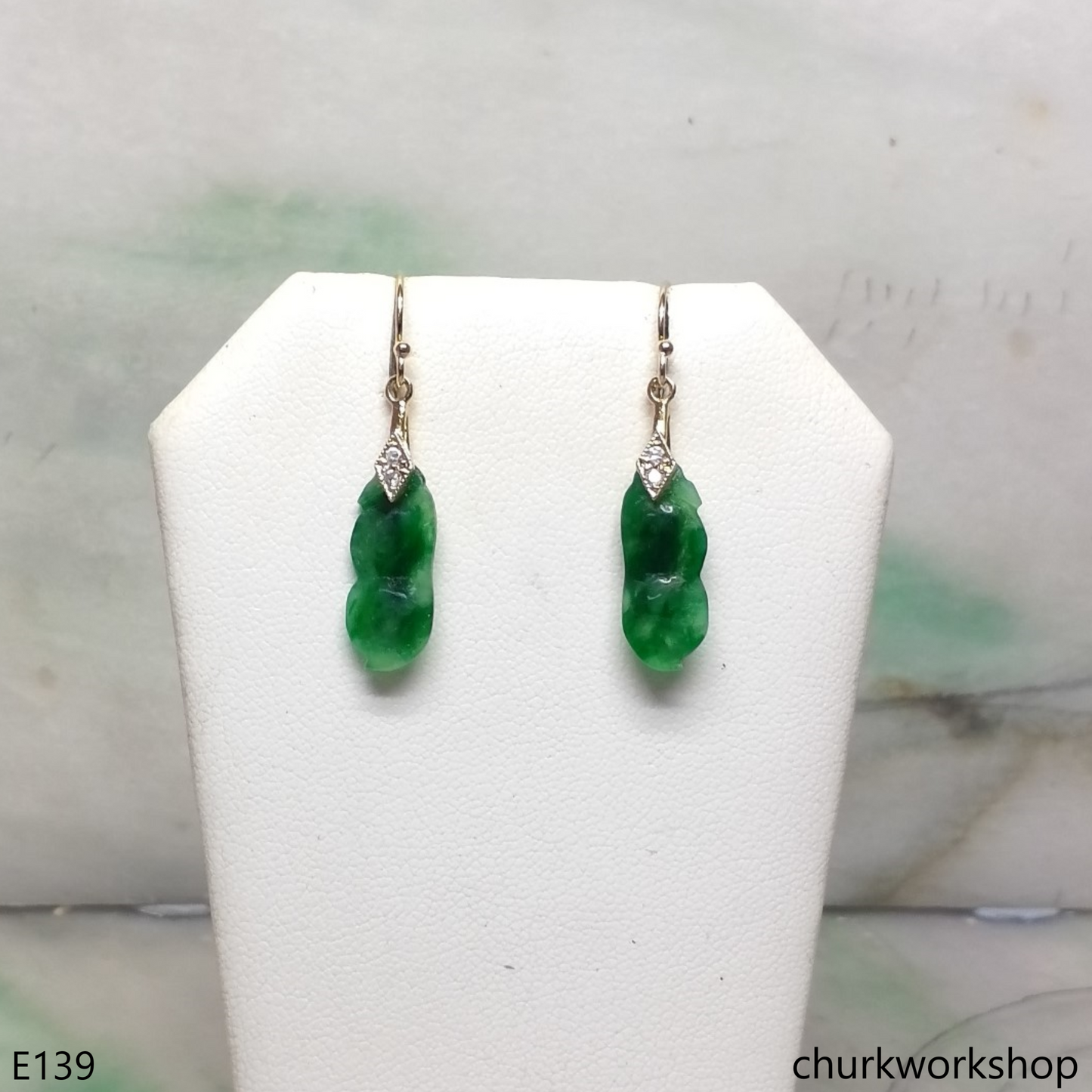 14K yellow gold filled green jade bean earrings