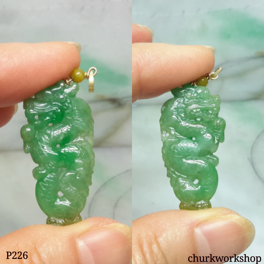 Green jade dragon 14K gold pendant