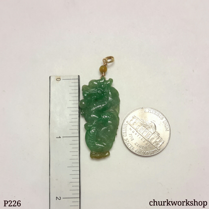 Green jade dragon 14K gold pendant