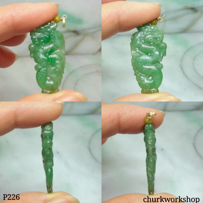 Green jade dragon 14K gold pendant