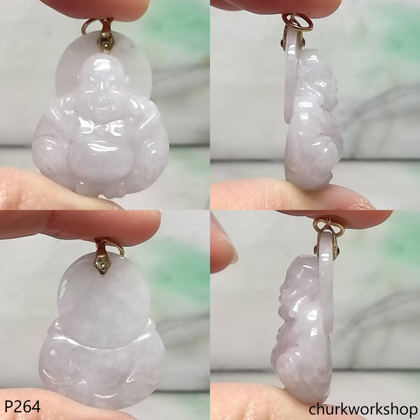Pale lavender jade happy Buddha 14K