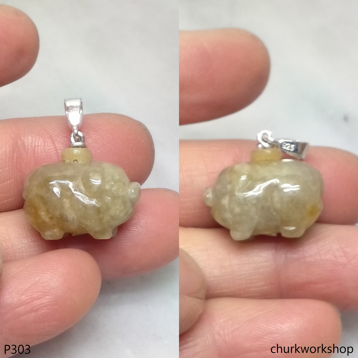 Light brown jade pig pendant with silver bail