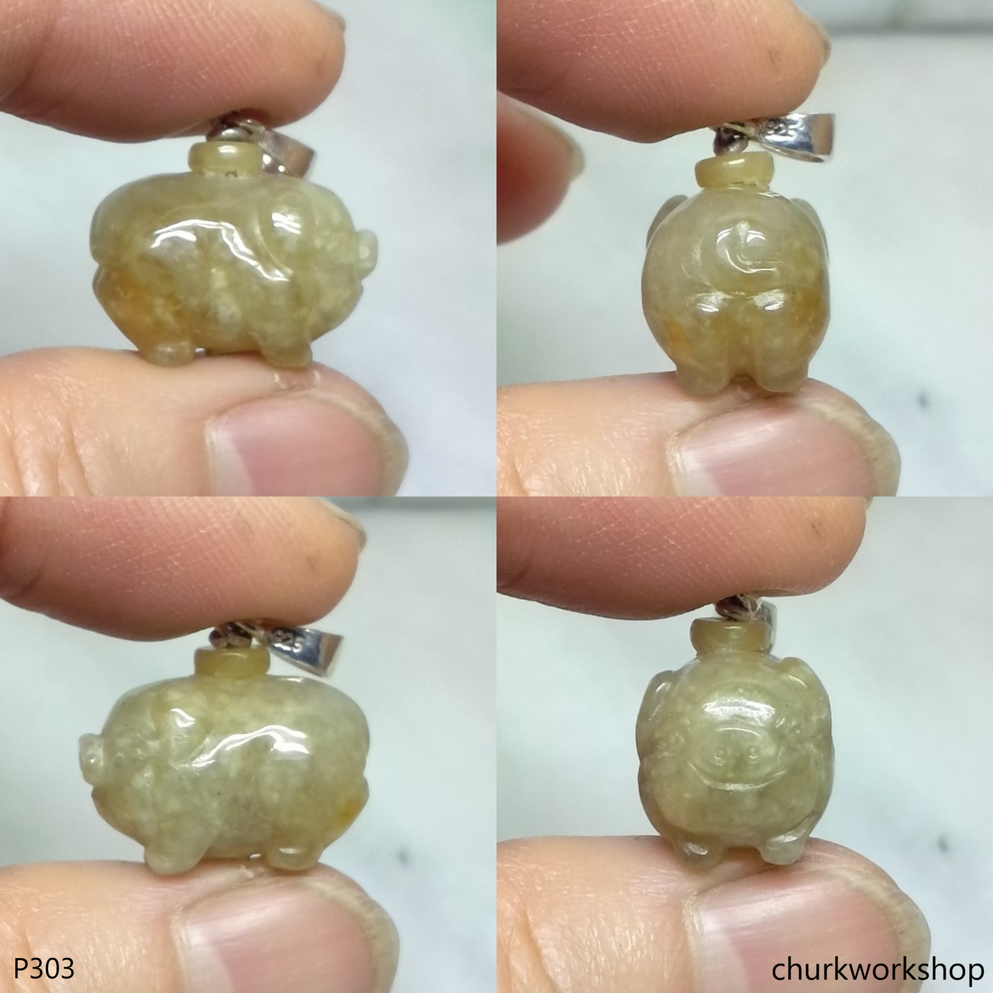 Light brown jade pig pendant with silver bail