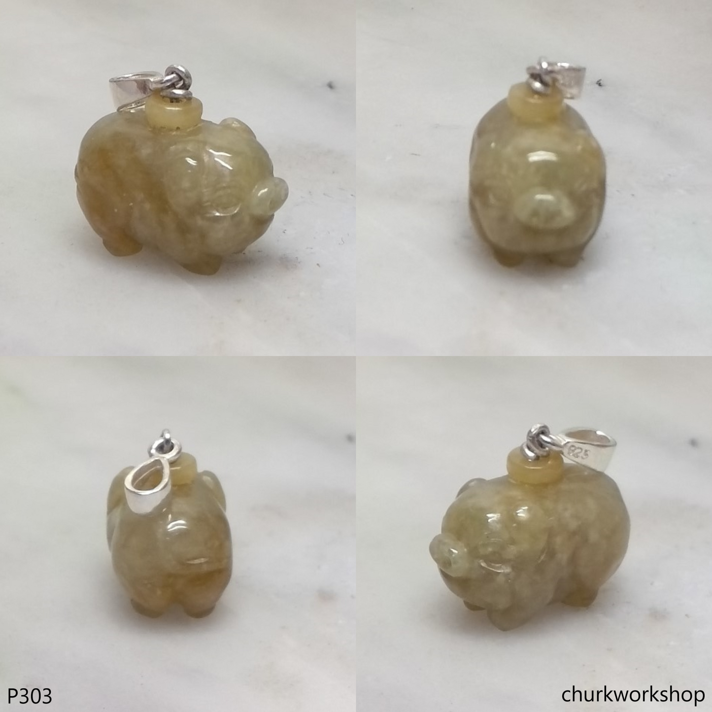 Light brown jade pig pendant with silver bail
