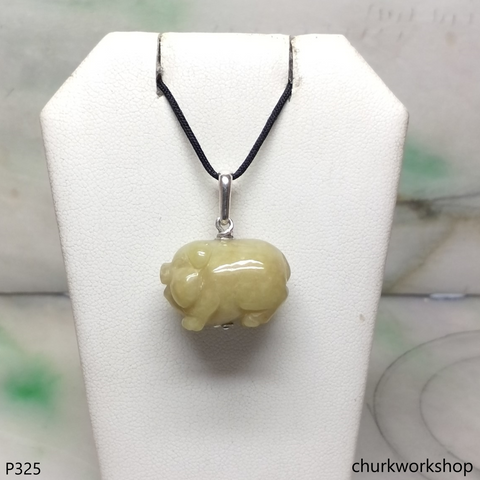 Yellow jade pig pendant with silver bail