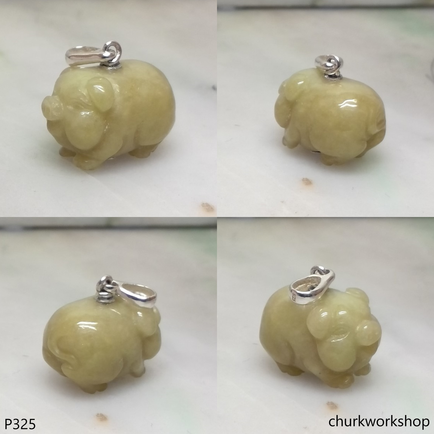 Yellow jade pig pendant with silver bail