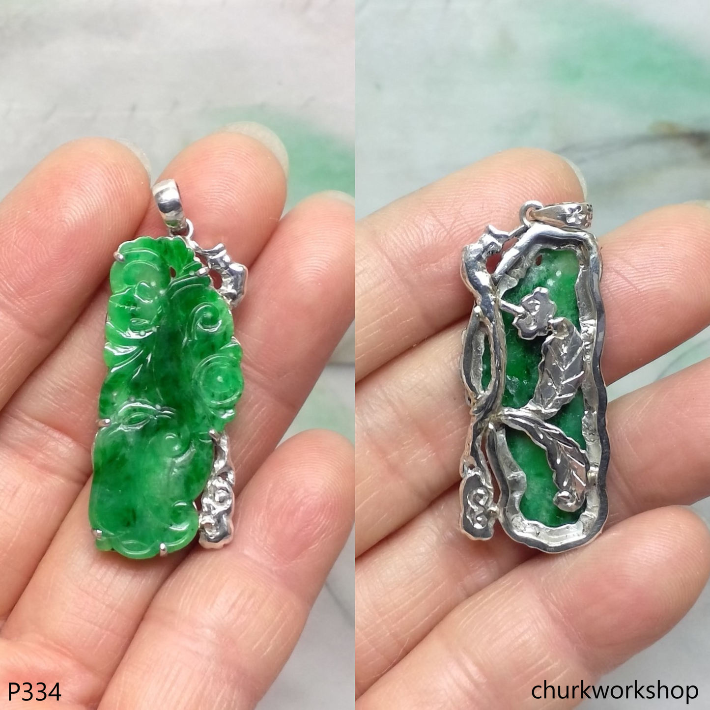 Dark green jade sterling silver pendant
