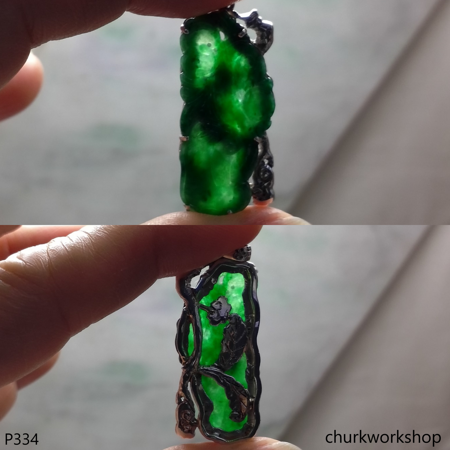 Dark green jade sterling silver pendant