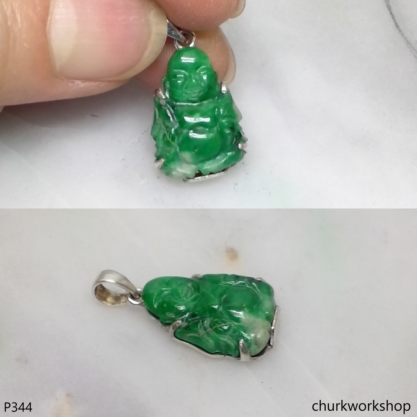 Small green jade happy Buddha pendant