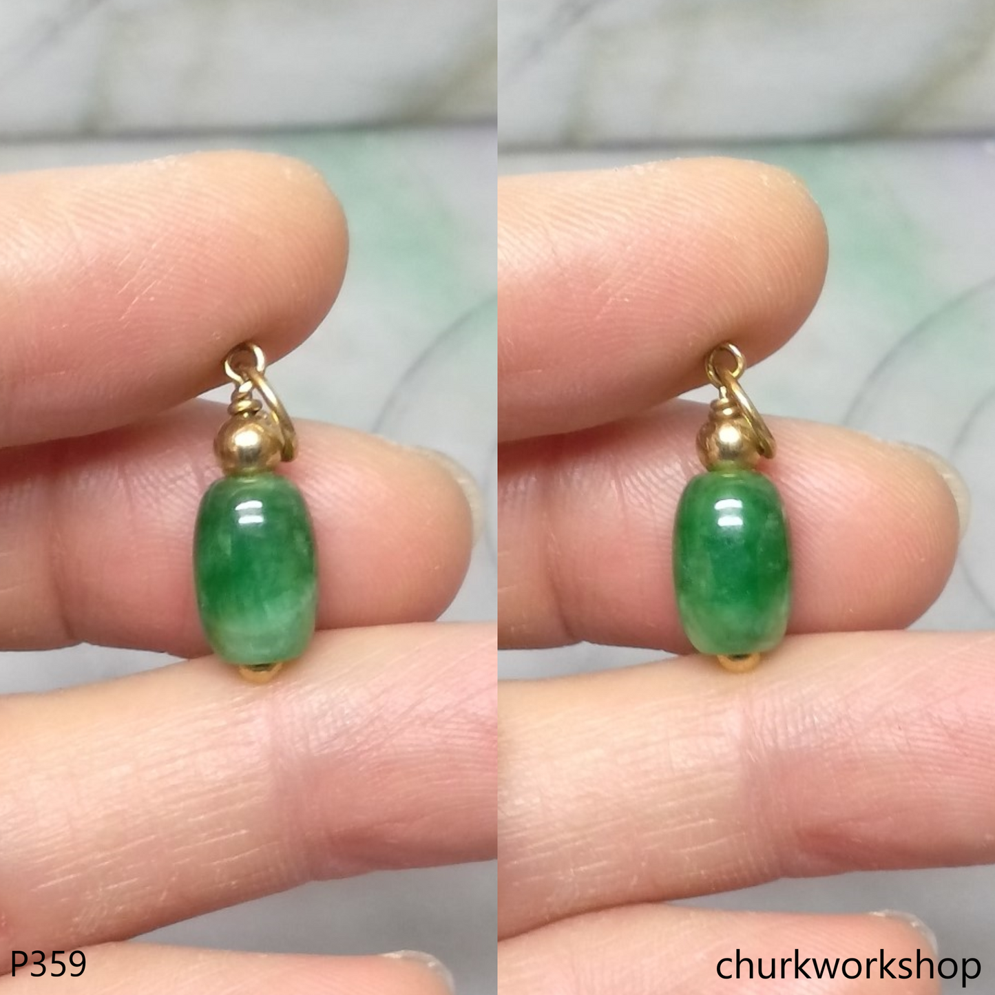 Green jade barrel bead pendant 14K yellow gold