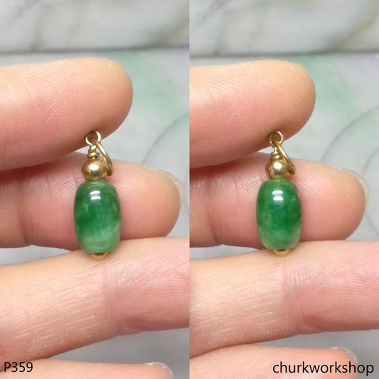 Green jade barrel bead pendant 14K yellow gold
