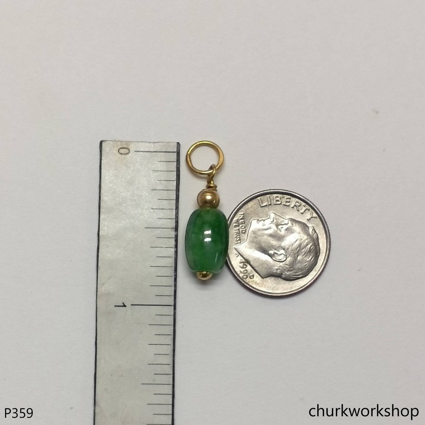 Green jade barrel bead pendant 14K yellow gold