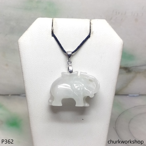 White jade elephant pendant with silver bail