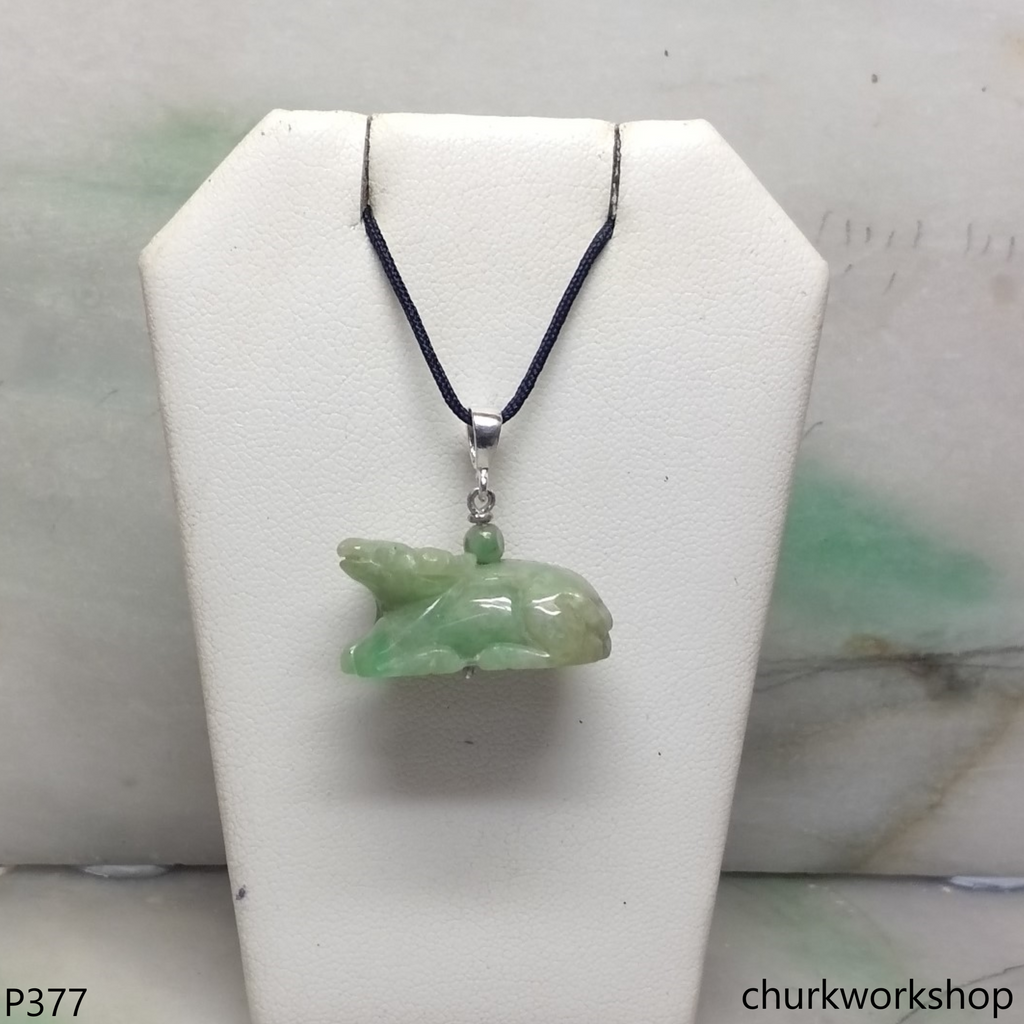 Green jade Ox pendant with silver bail