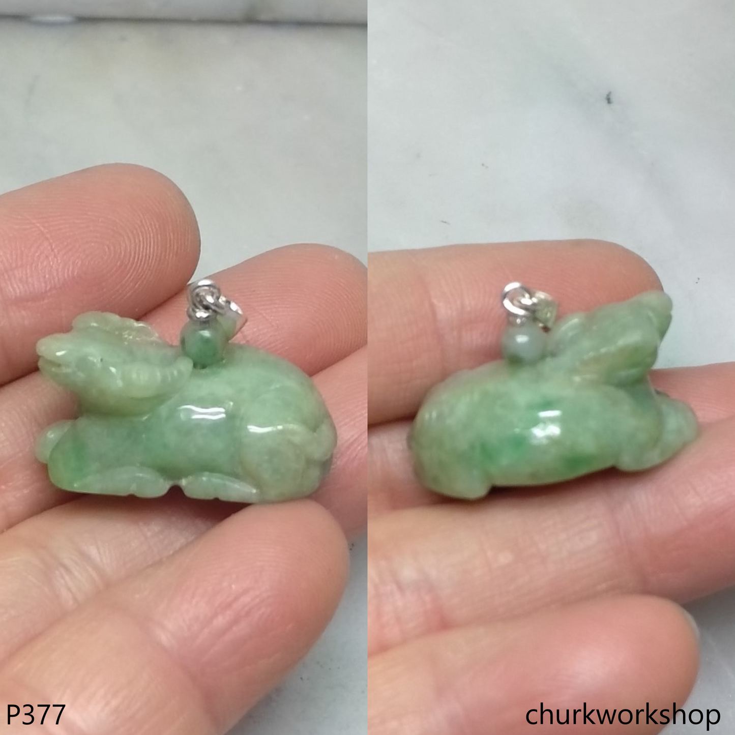 Green jade Ox pendant with silver bail