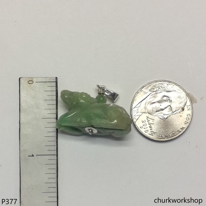 Green jade Ox pendant with silver bail