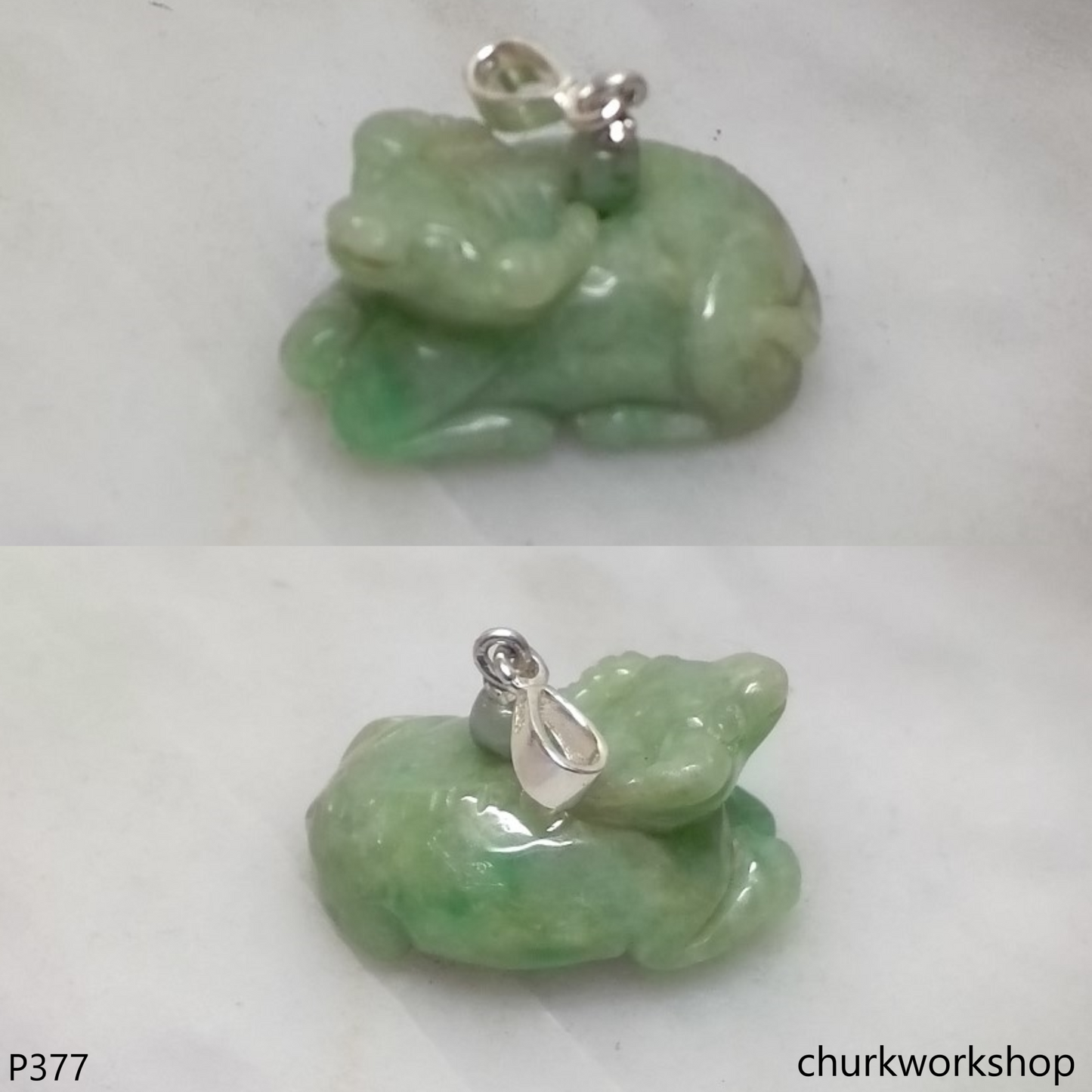 Green jade Ox pendant with silver bail