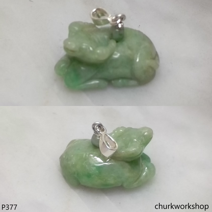 Green jade Ox pendant with silver bail