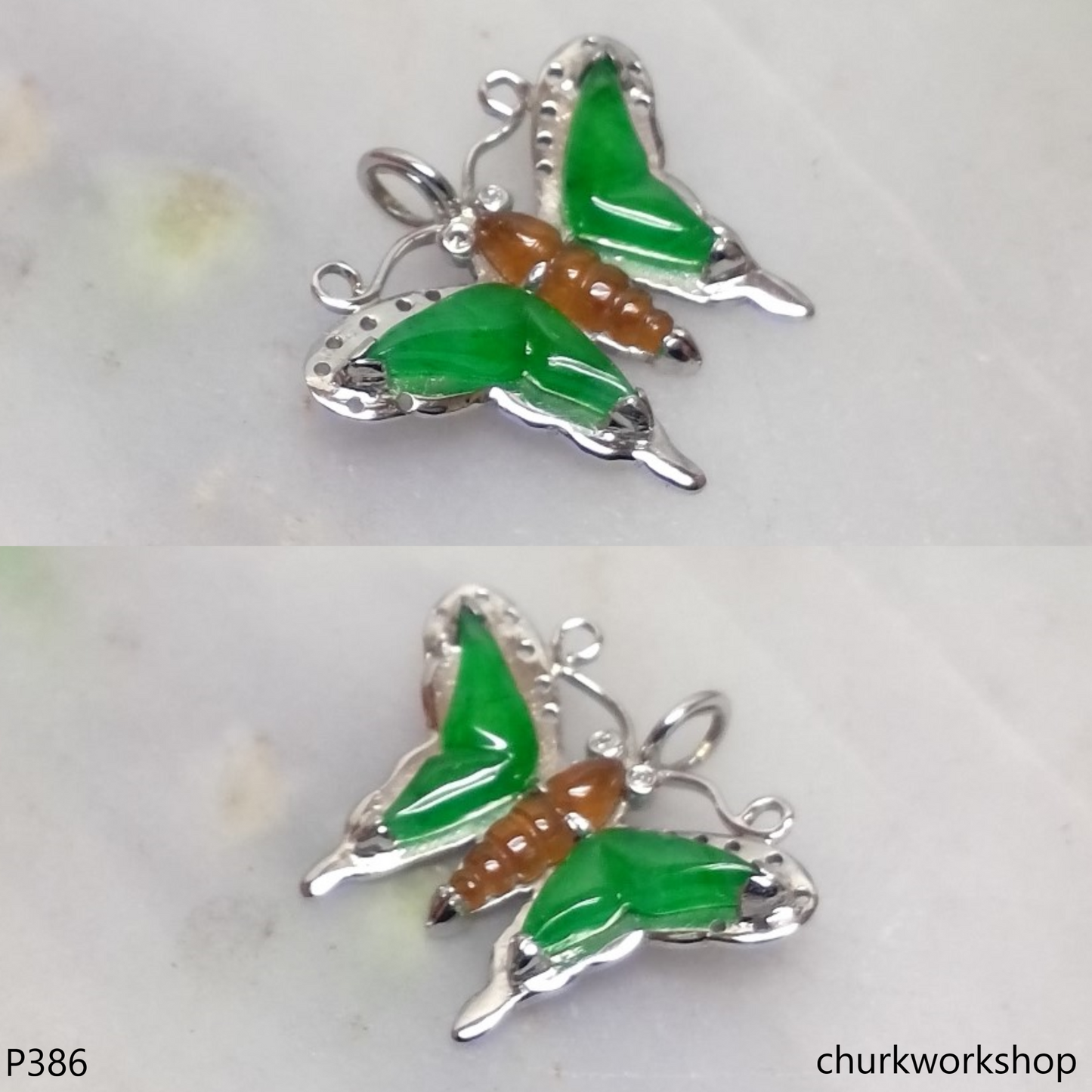 14k White gold jade butterfly pendant