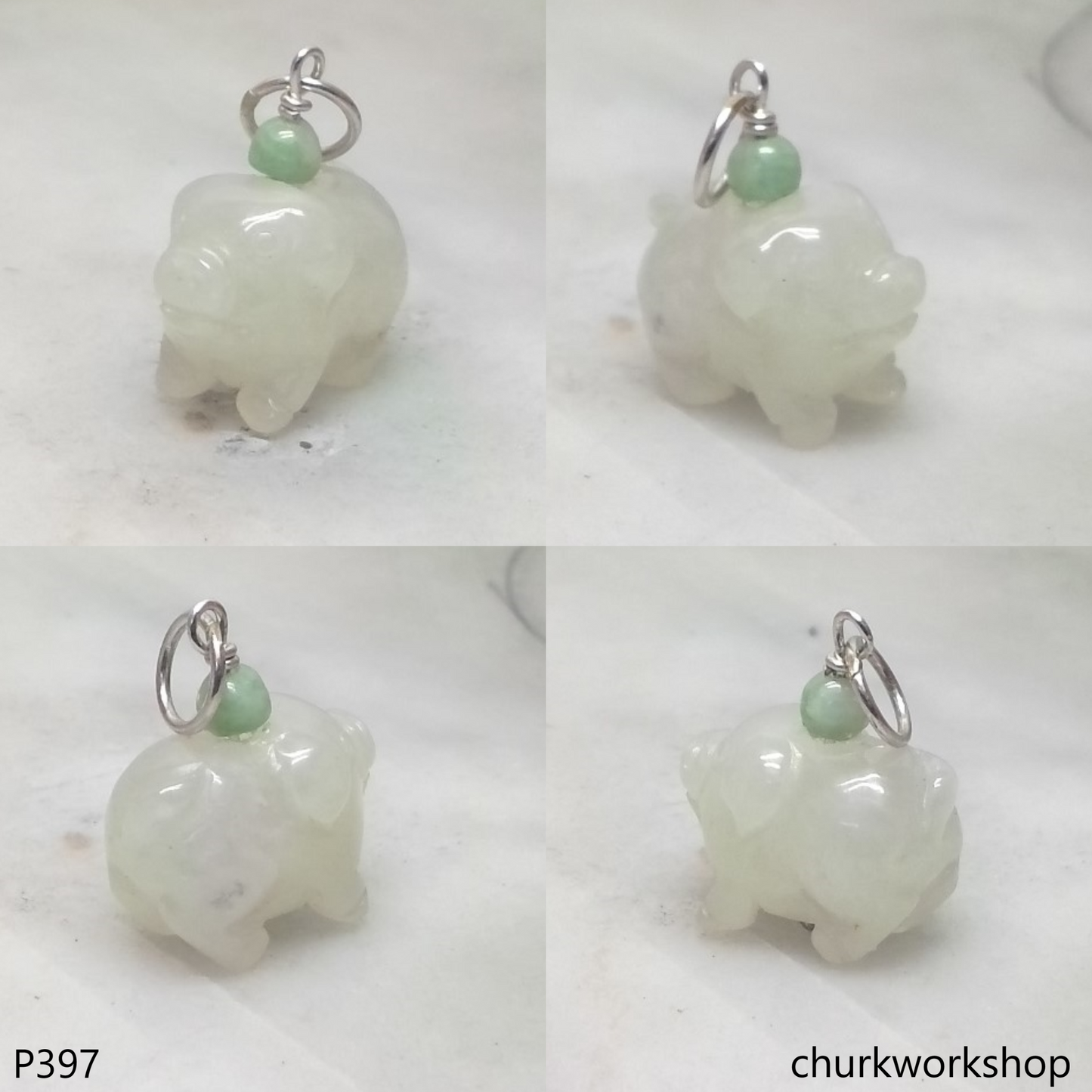 White jade pig pendant with silver bail