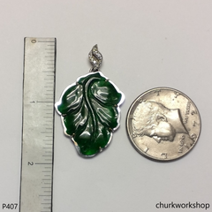 Deep green jade leaf pendant in 14k white gold