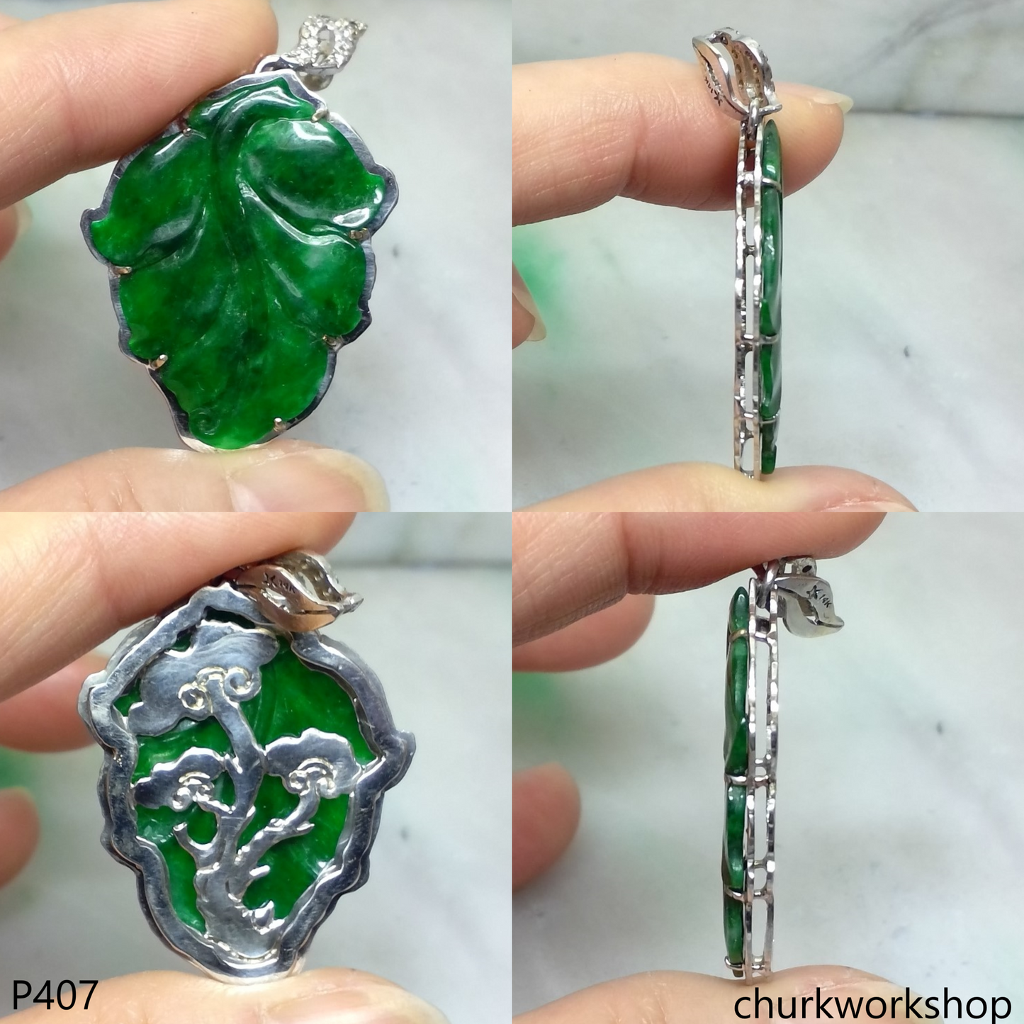 Deep green jade leaf pendant in 14k white gold