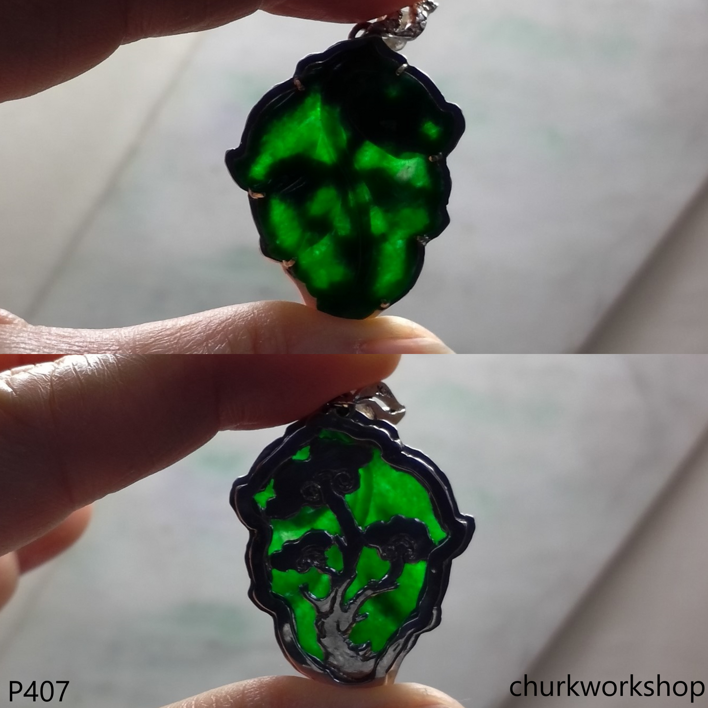 Deep green jade leaf pendant in 14k white gold