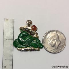 Deep green jade bird pendant in 14k gold