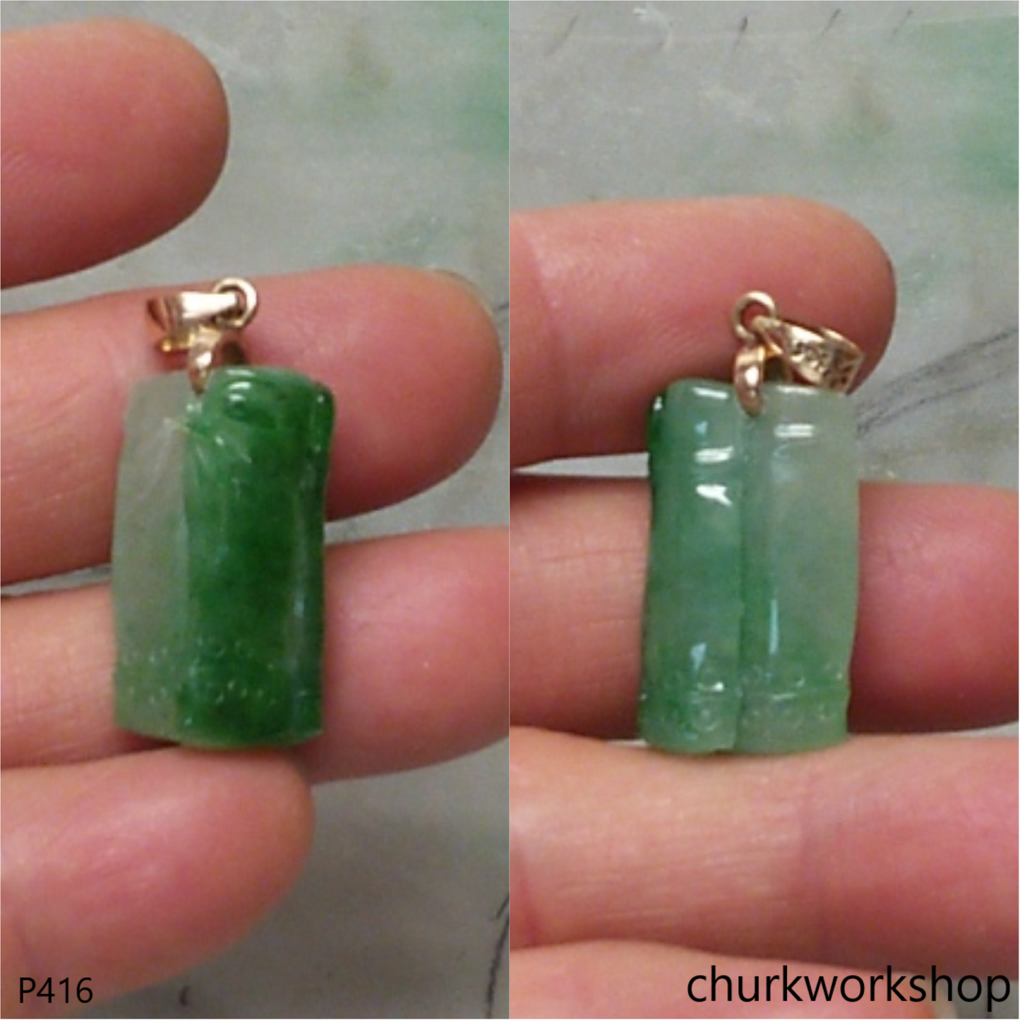 14K gold green jade bamboo pendant