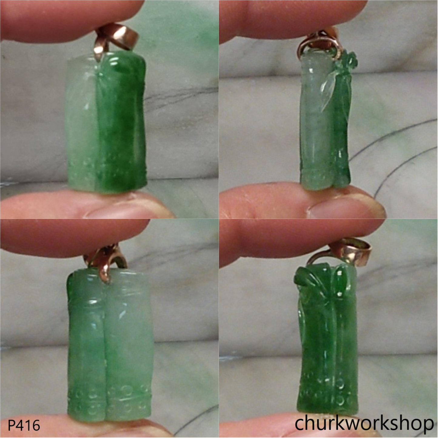 14K gold green jade bamboo pendant