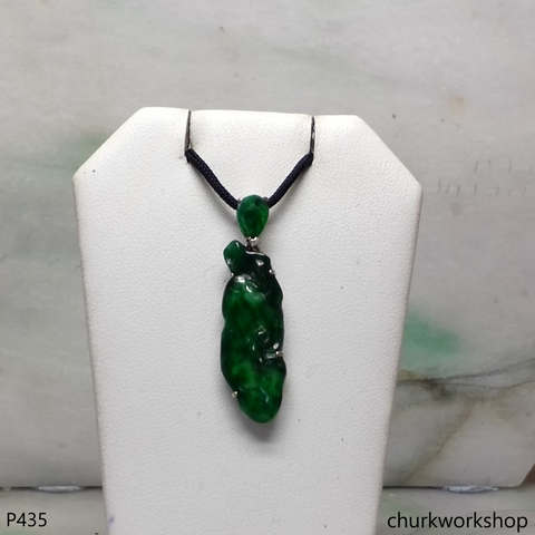Deep green jade Ruyi pendant in 14k white gold
