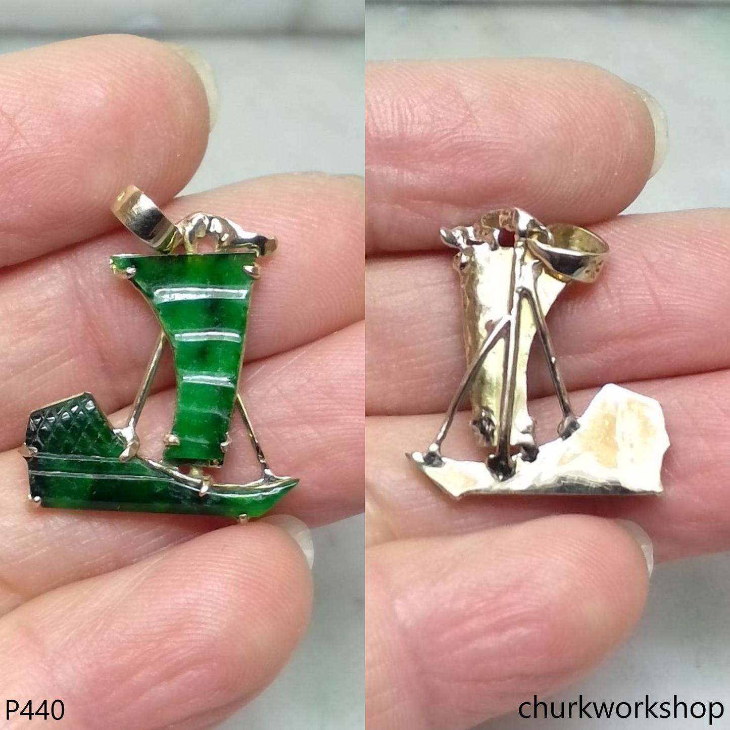 Deep green jade sail boat pendant in 14k yellow gold