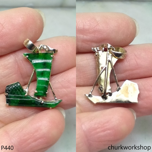 Deep green jade sail boat pendant in 14k yellow gold