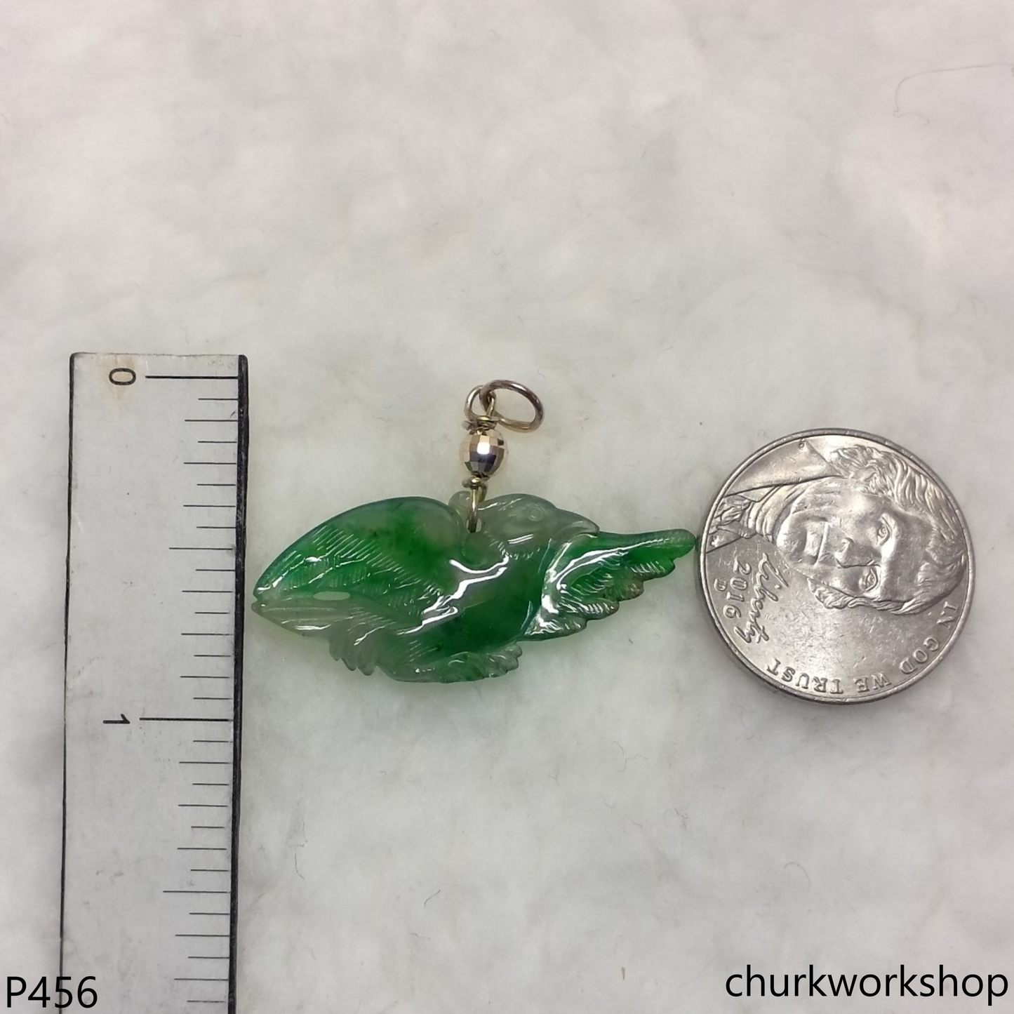 Green jade bird 14K pendant