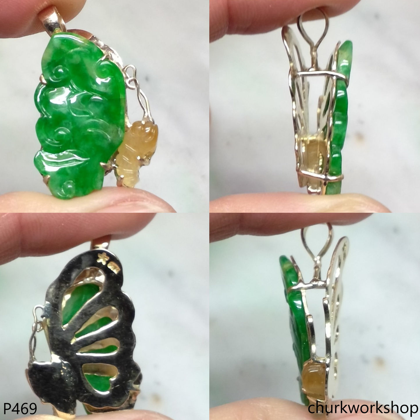 14K Yellow gold jade butterfly pendant
