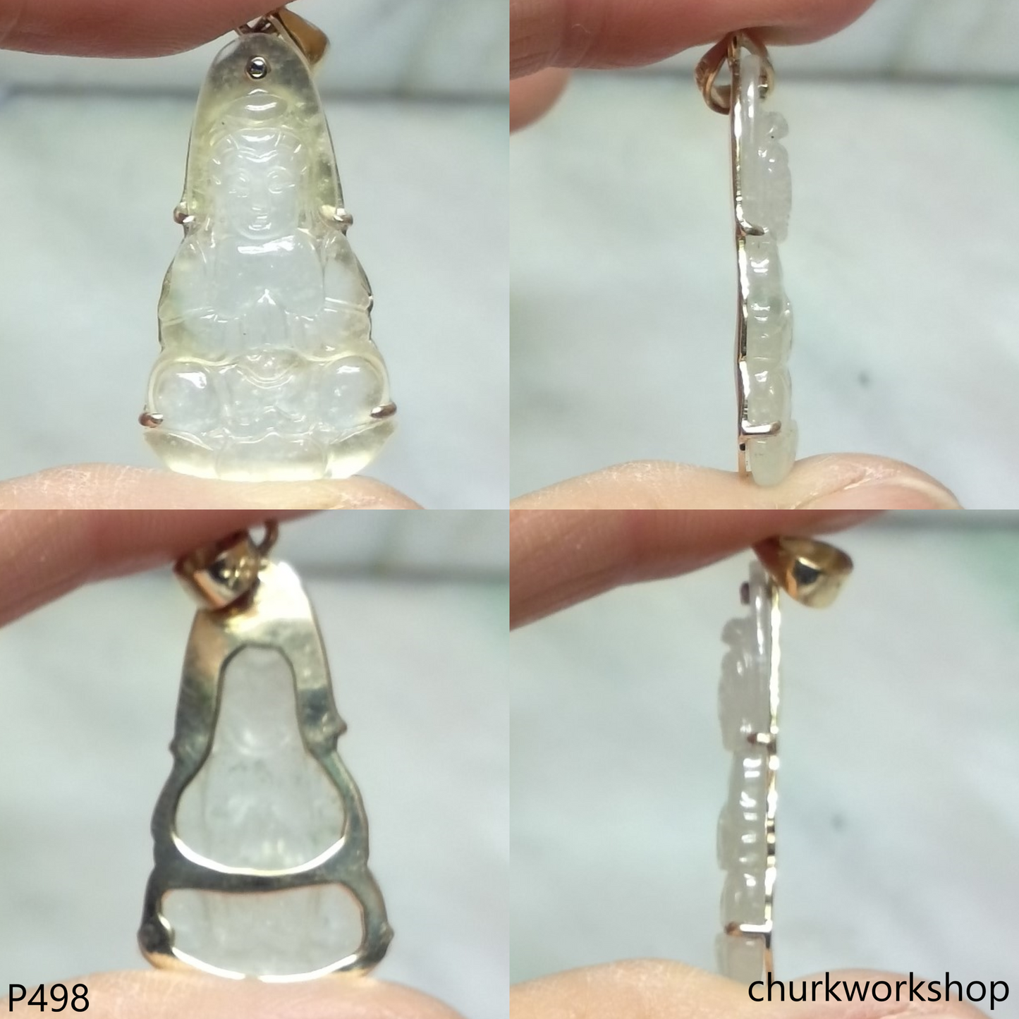 Icy jade lady Buddha set with14K yellow gold