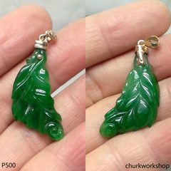 Green jade leaf pendant set in 14K yellow gold