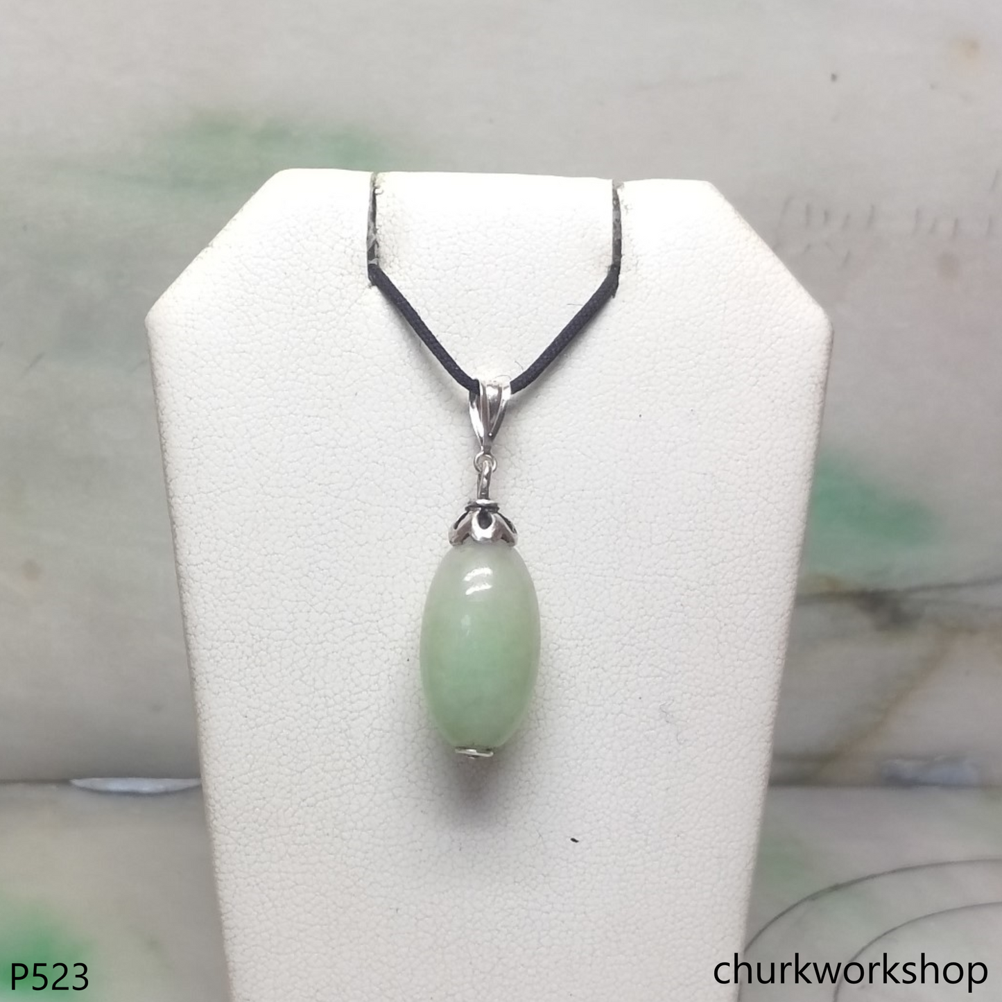 Light green long jade bead pendant