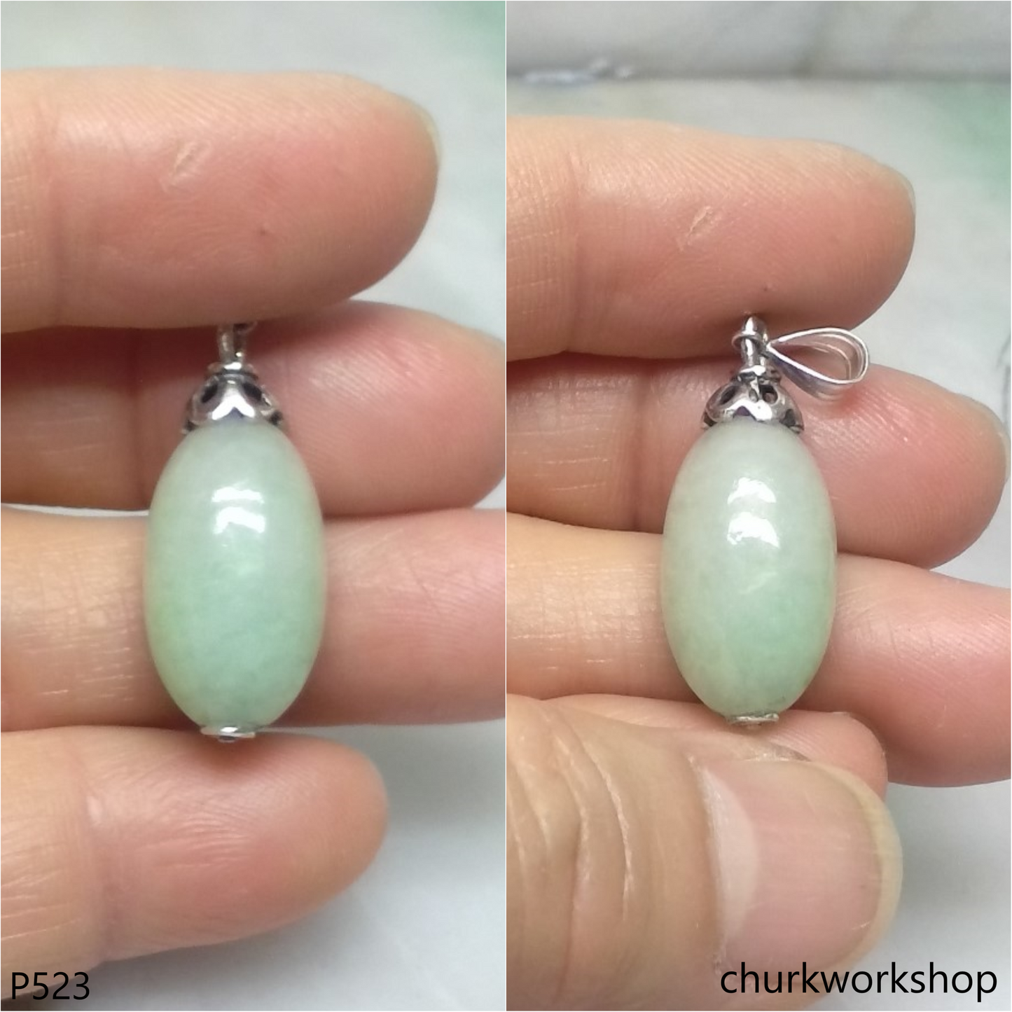 Light green long jade bead pendant