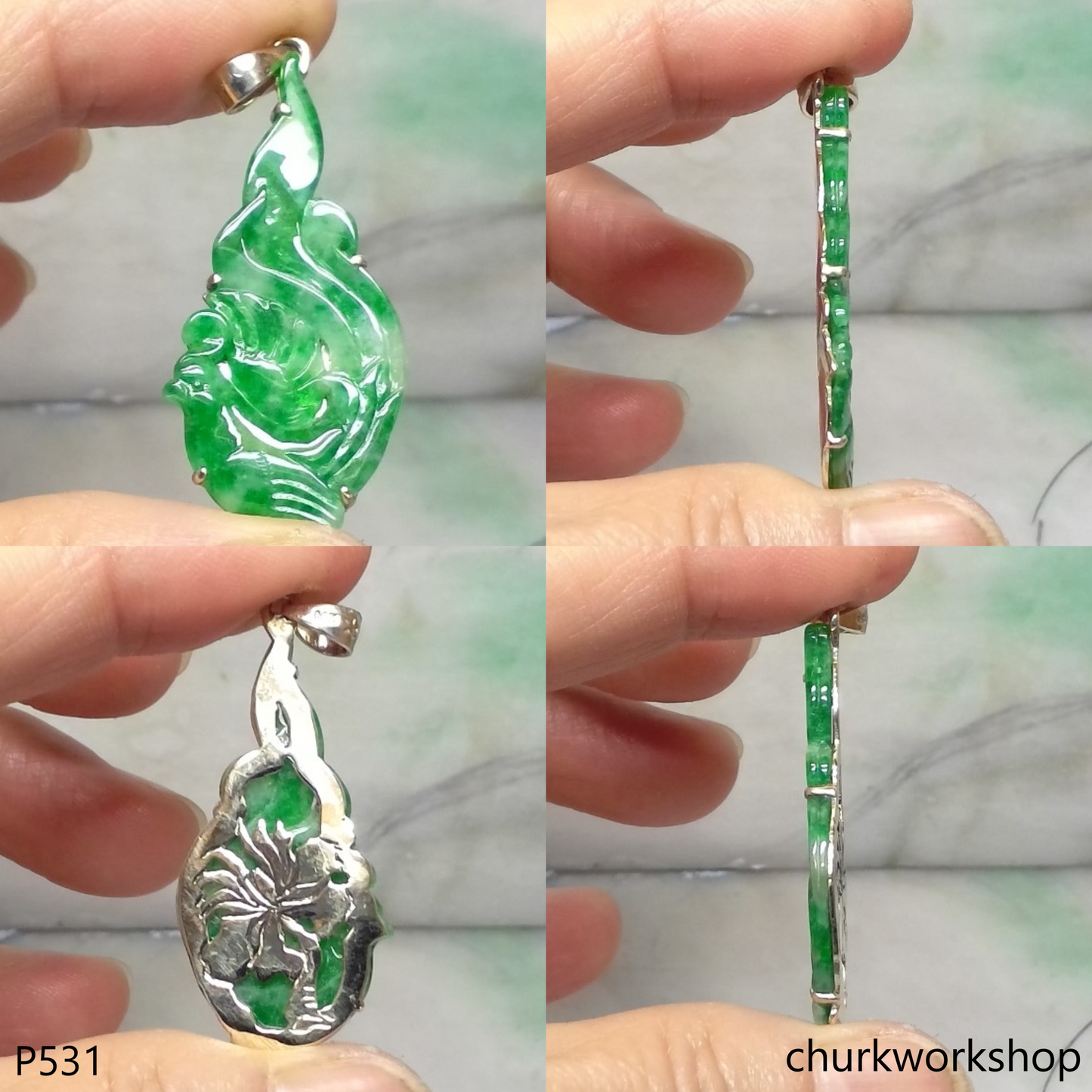 Apple green jade bird 14K pendant