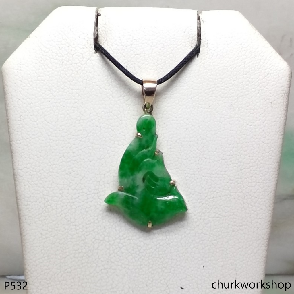 Small apple green jade bird 14K pendant