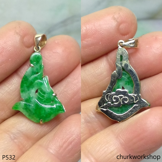 Small apple green jade bird 14K pendant